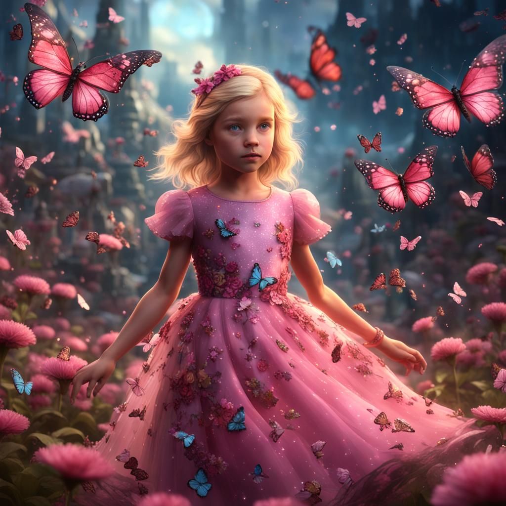Child in Floral Dress Surrounded by Butterflies
