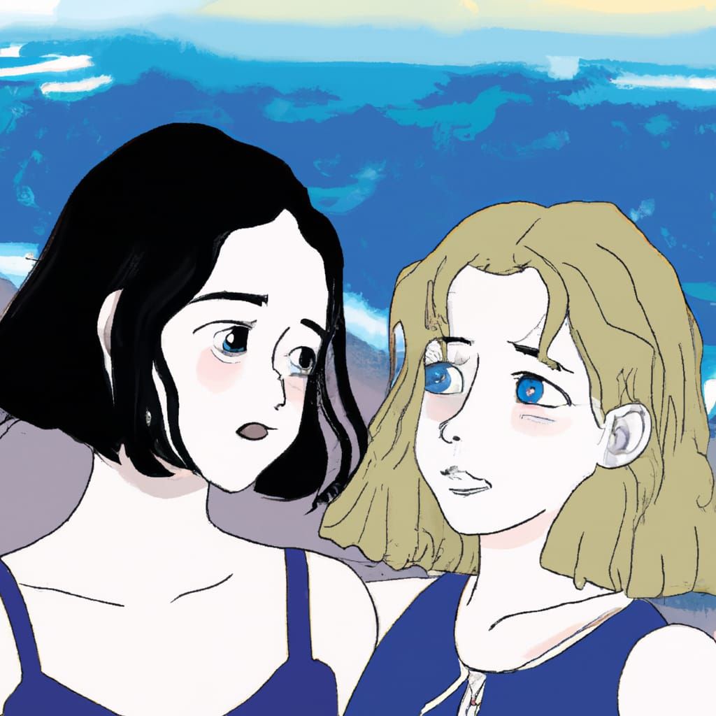 Surreal 1990s Anime Scene of Two Women in Love on the Beach