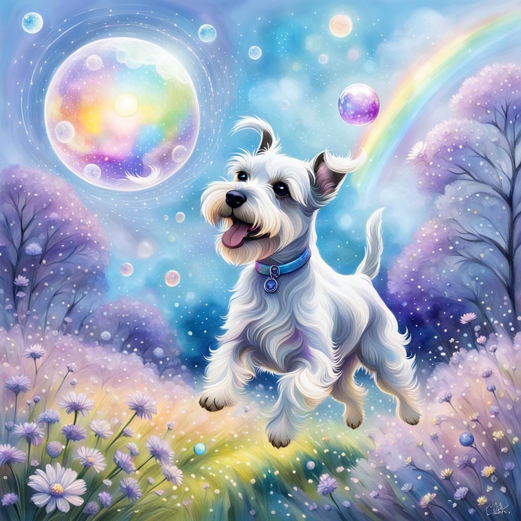 Happy Schnauzer Spirit Dog in Dream Art Style