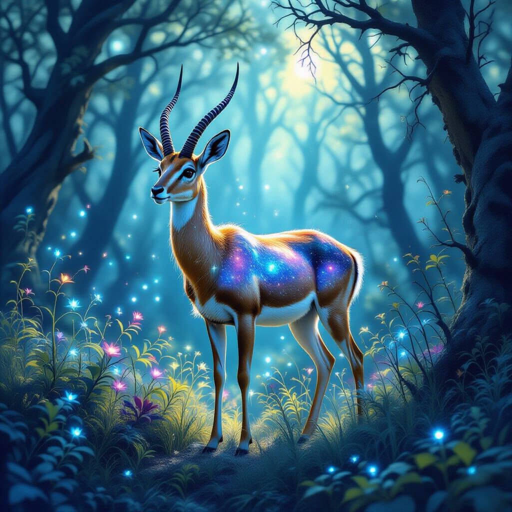 Cosmic Gazelle in Bioluminescent Alien Forest Painting