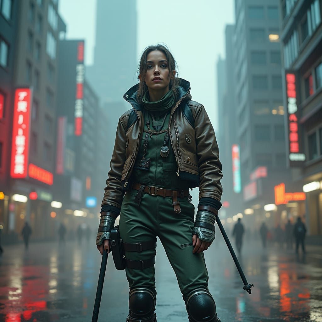 Cyberpunk Jaeger Pilot in Dystopian Cityscape