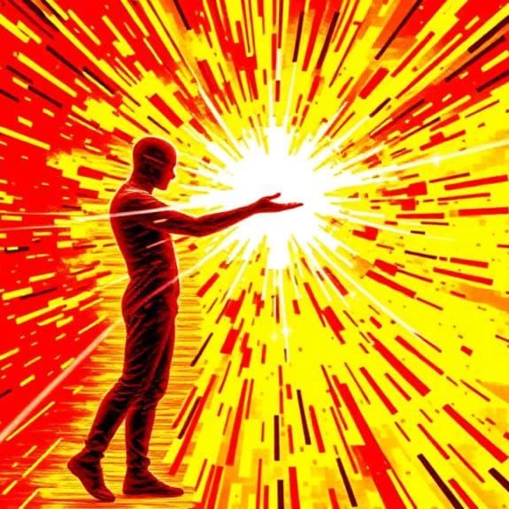 Glitch Art: Humanoid Unleashing Pixelated Energy Beam