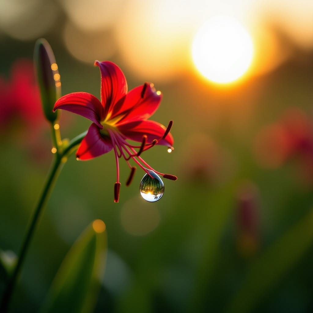 Macro Dewdrop Reflection on Red Lily at Dawn