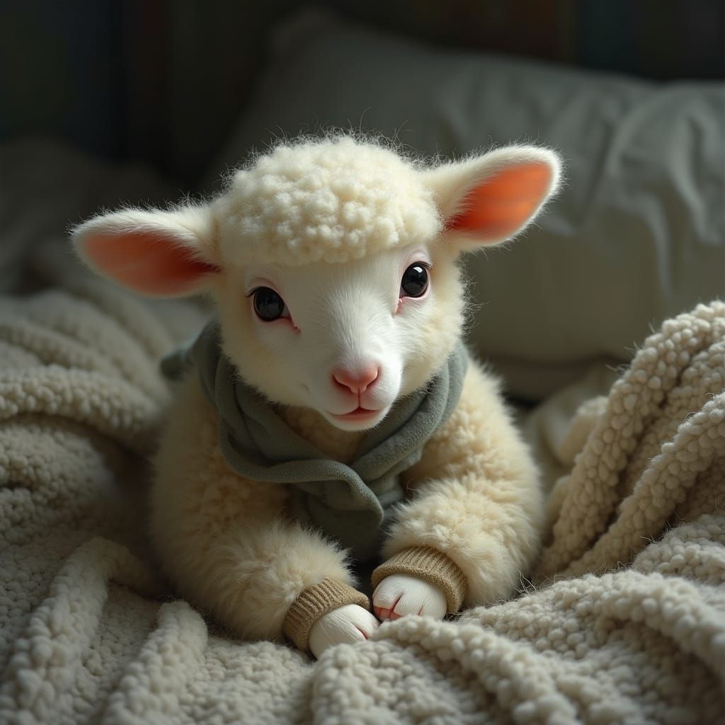Nervous Lamb in Bed, Beatrix Potter Style