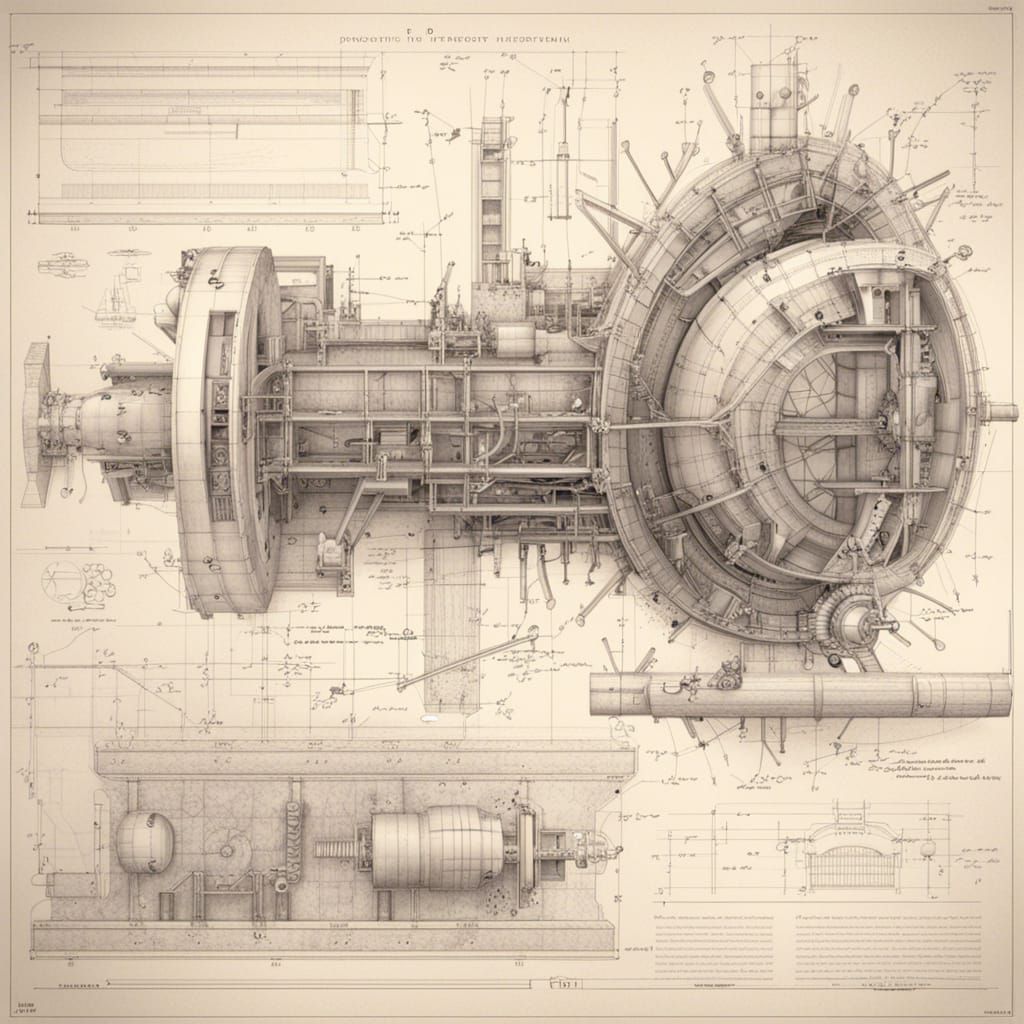 Construction drawing of a Perpetuum Mobile with detailed labeling