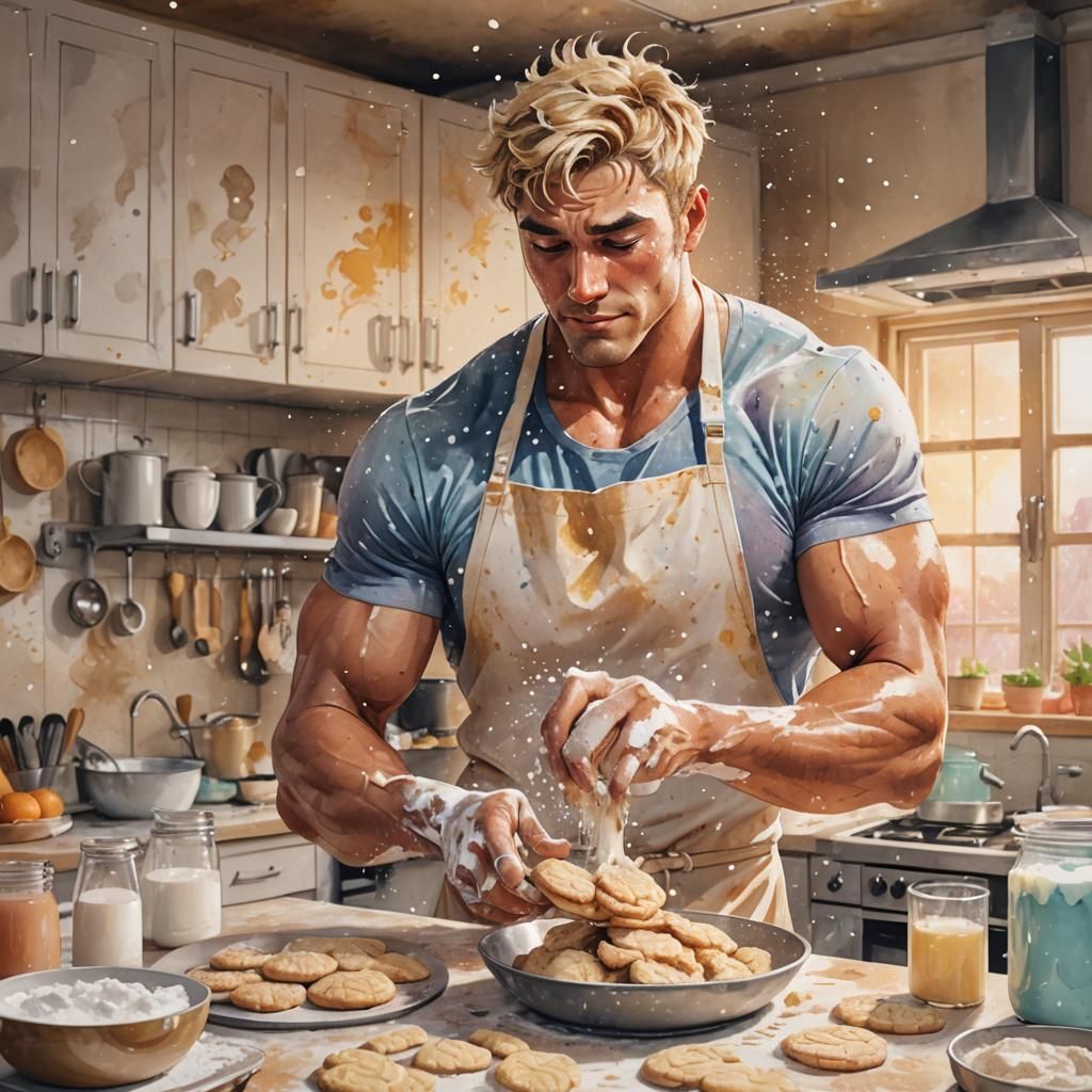 Cartoon Man Baking Cookies in Anime Style