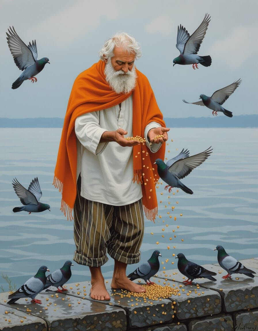 Elderly Man Scattering Birdseed in Rural Realism Style