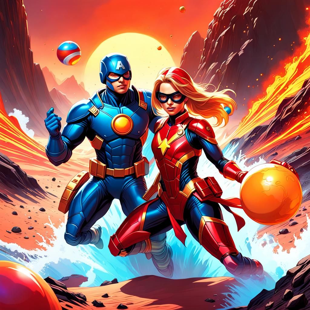 Superheroes on Martian Vacation in Splash Art Style