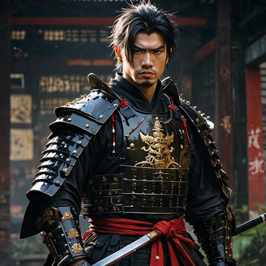 Gothic Punk Samurai in Black Armor Painting