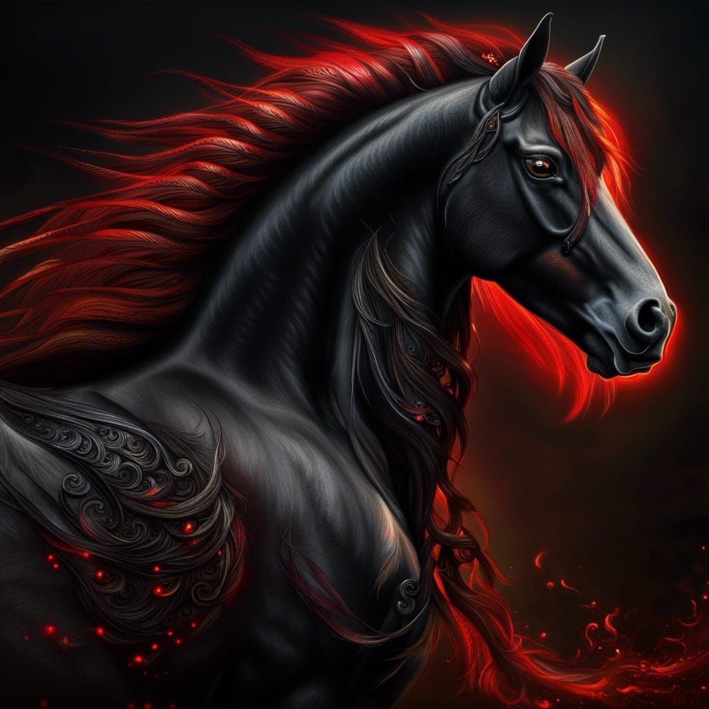 Hyperrealistic Black Horse with Fiery Mane