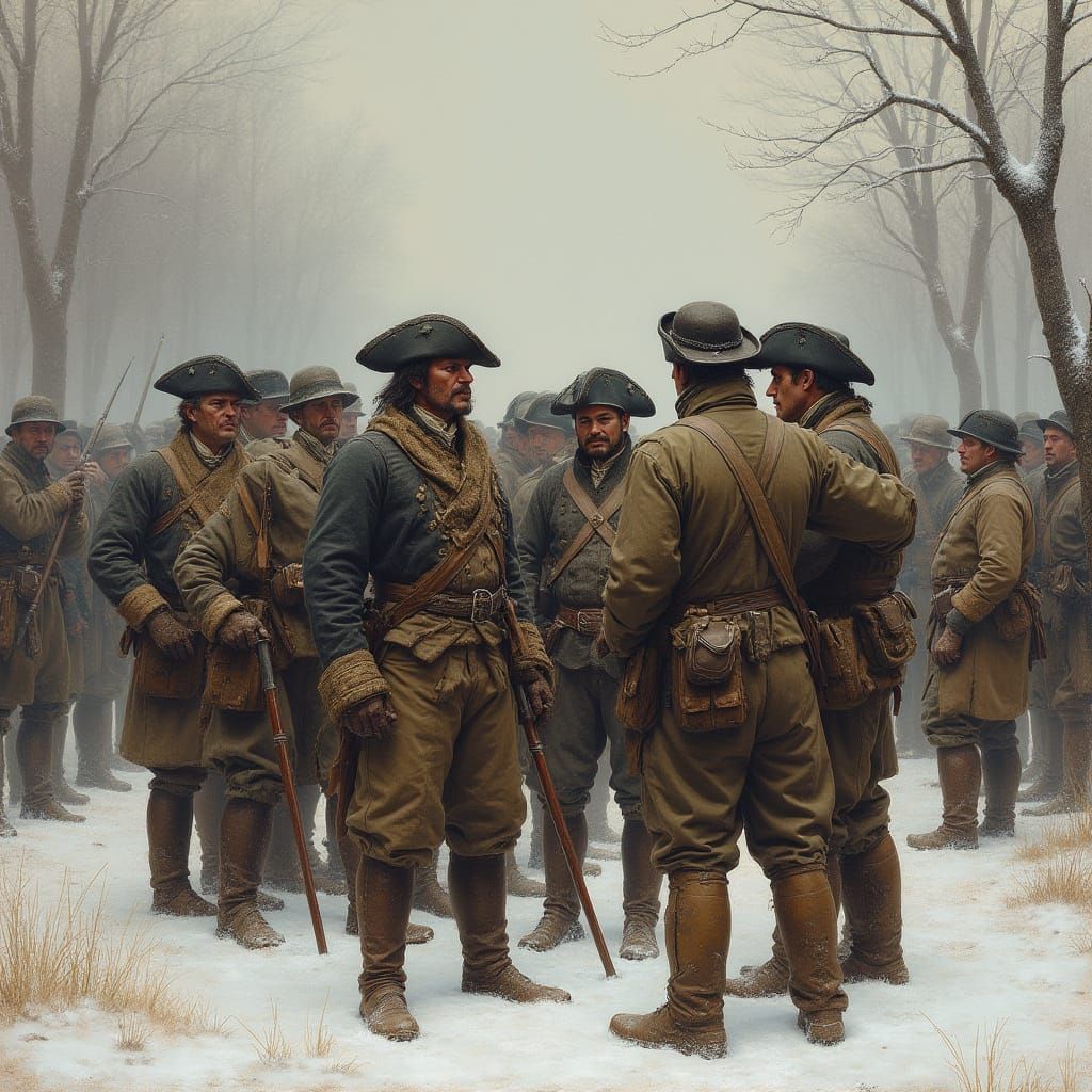 Weary Patriots Huddle for Warmth at Valley Forge