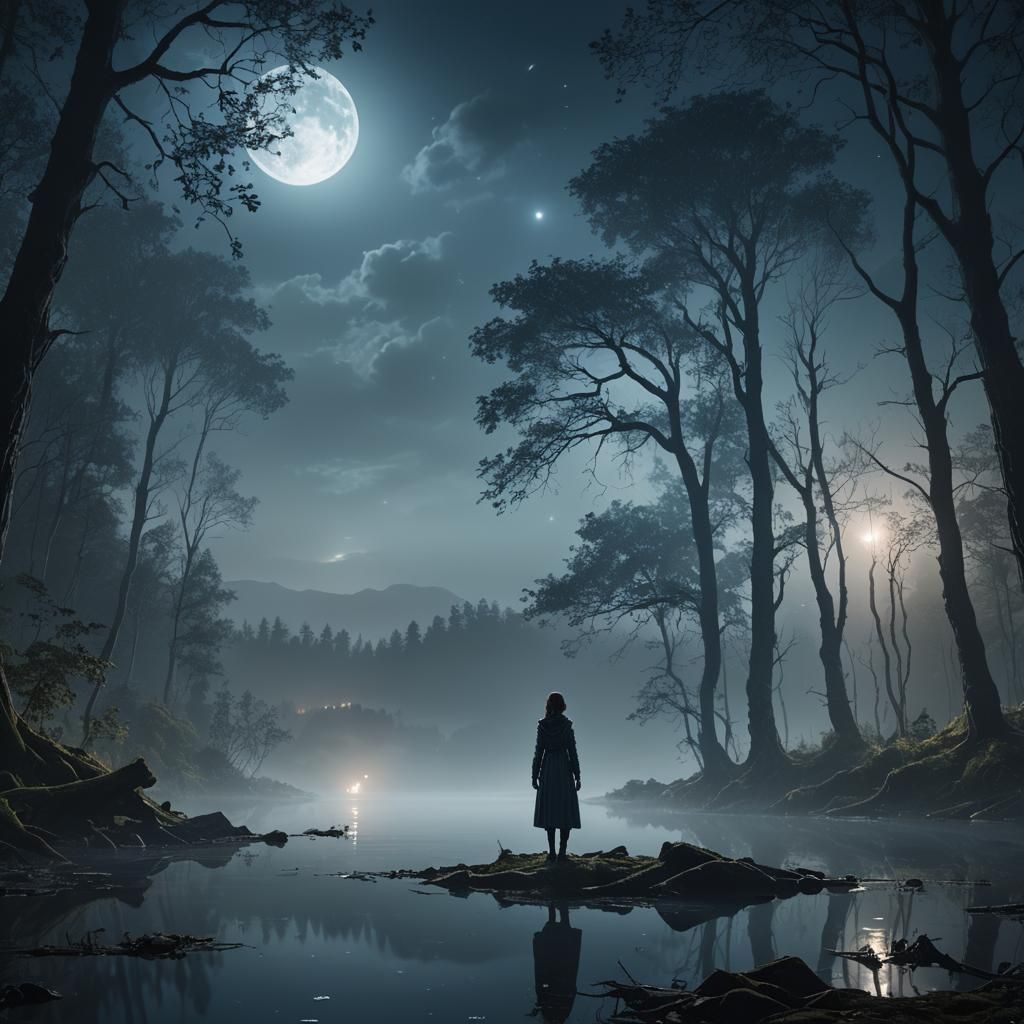 Woman in Forest with Blue Lake, Digital Painting