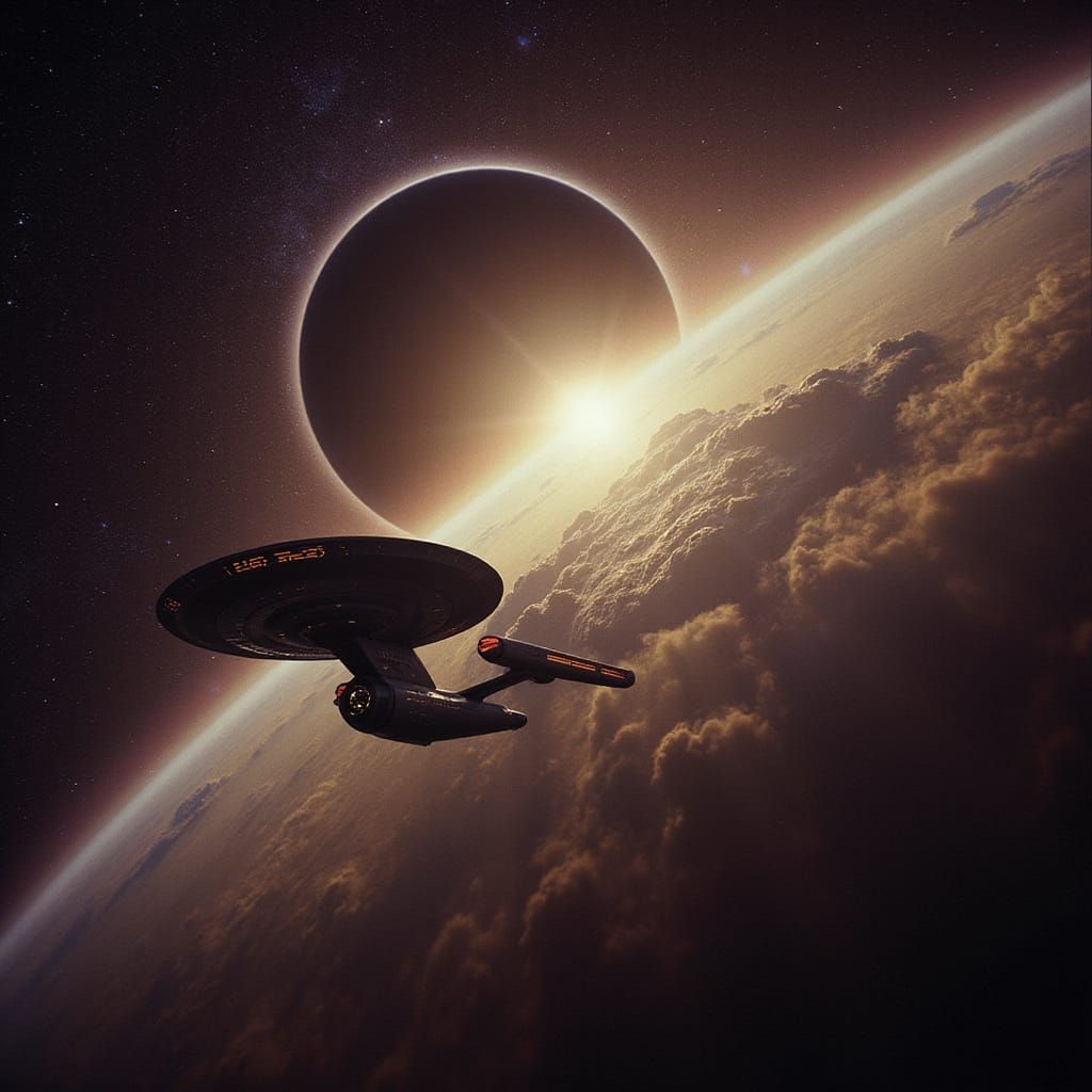 Surreal Starship Enterprise in a Cosmic Ringed Planet Nebula
