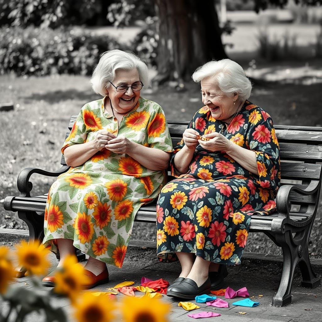 Elderly Women Sharing Sunflower Seeds: 1950s Style Photograp...
