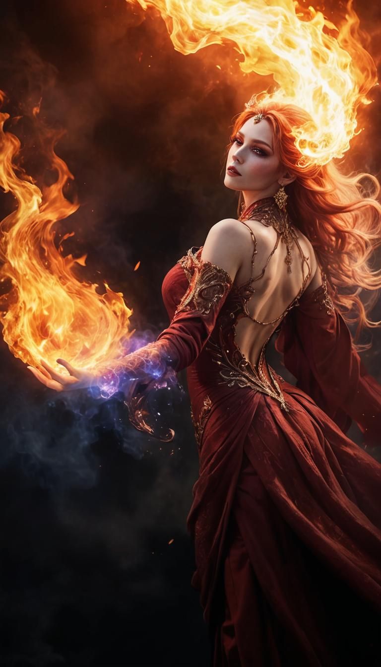 Enchanting Sorceress Conjuring Flames in a Dark Setting