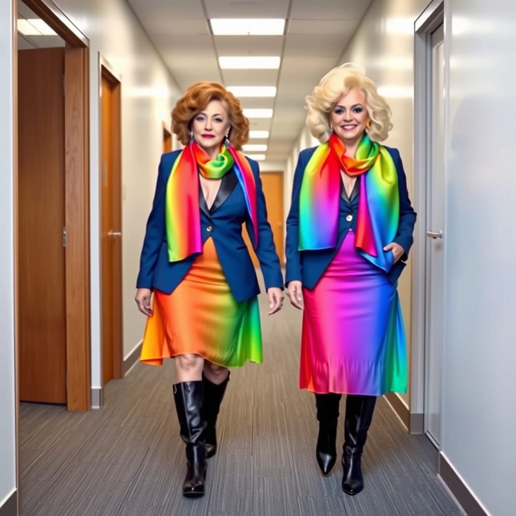 Sassy Drag Queens Stroll Office Corridor in Rainbow Suits