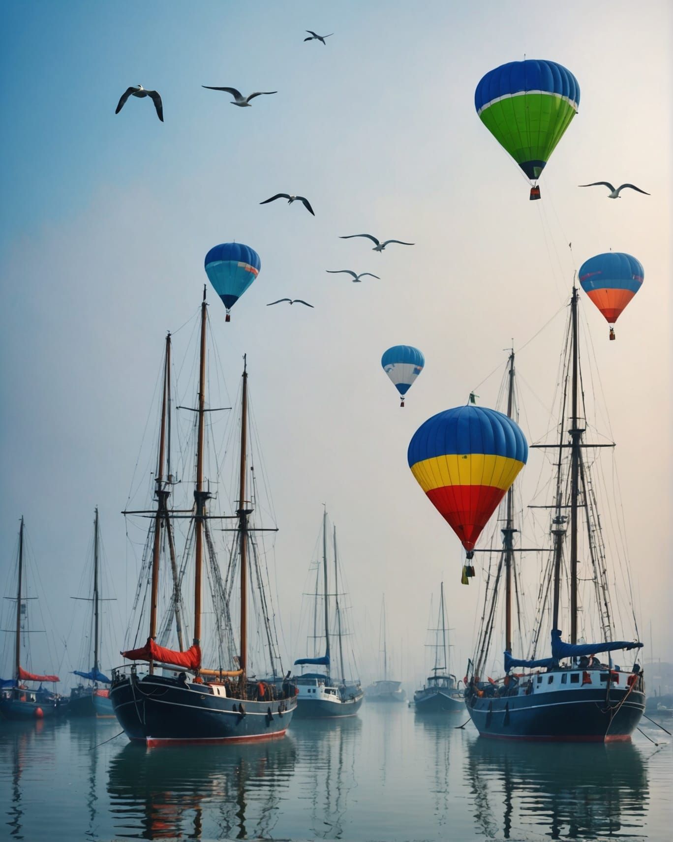 Foggy Port Scene with Kites and Sails