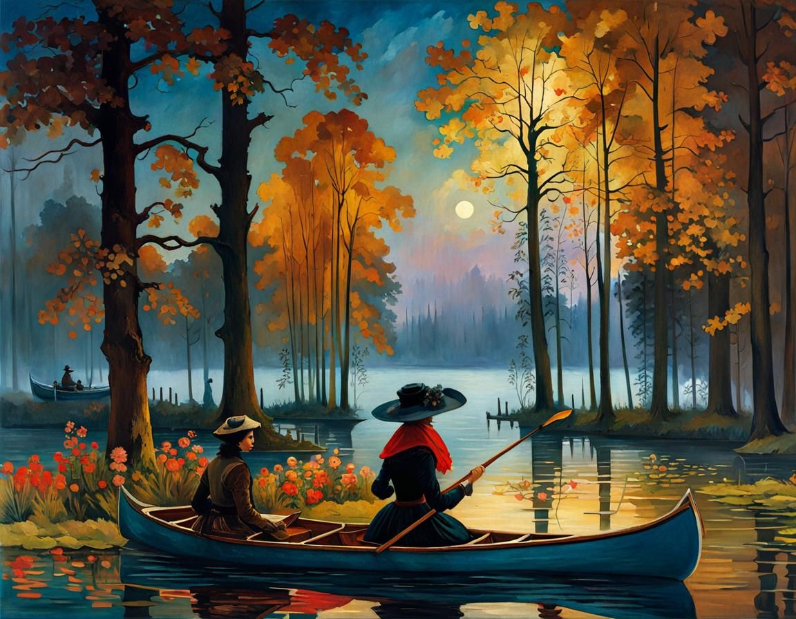 Victorian Lady in Canoe: Neo-Impressionist Painting
