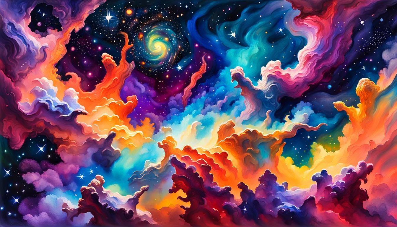 Colorful Nebulae and Galaxies in Gouache Style