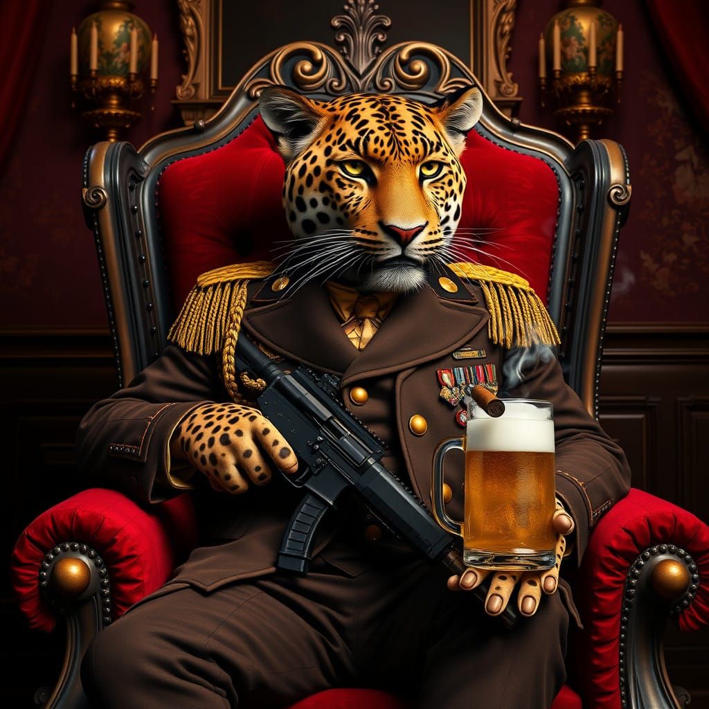 Regal Leopard in Opulent Baroque Tavern, Holding AK 47 and C...