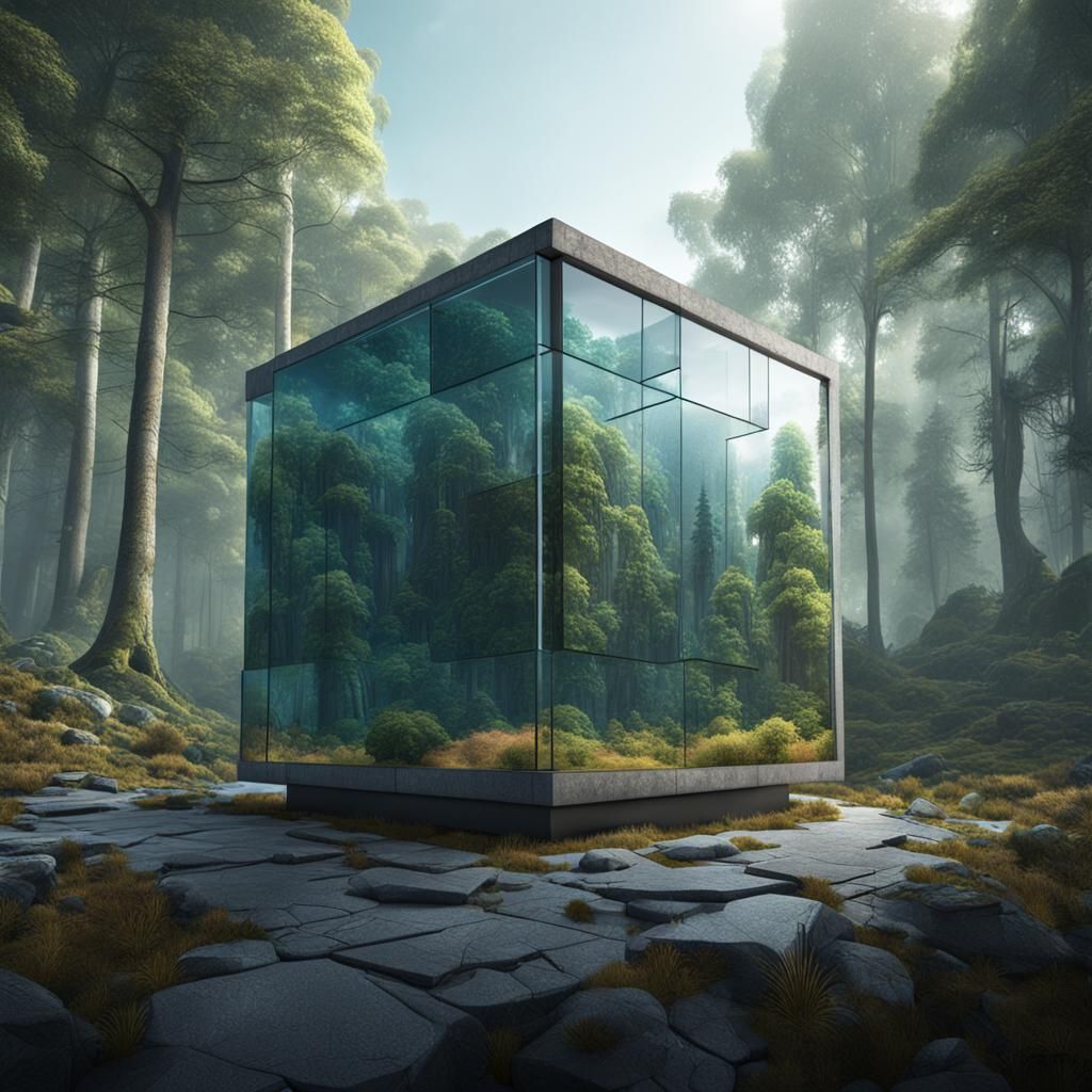 Postmodern Concrete Microhouse in Forest, Digital Art