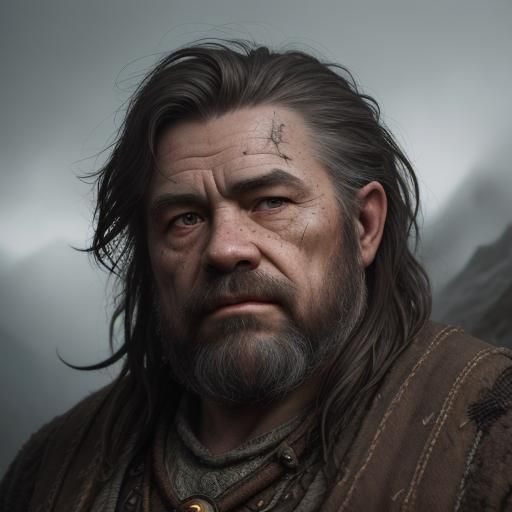 Mystical Dwarf in Earthy Tones, Against a Misty Mountainous...