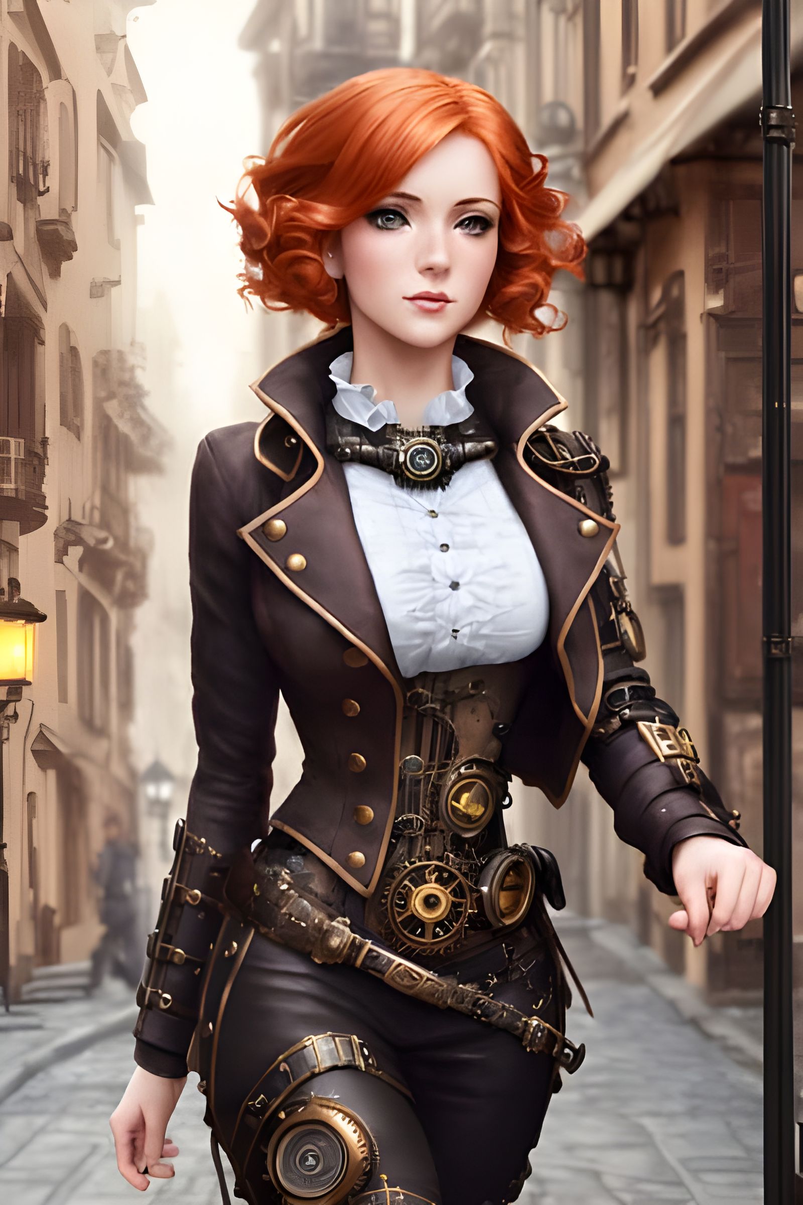 Steampunk Woman in a Detailed Cityscape