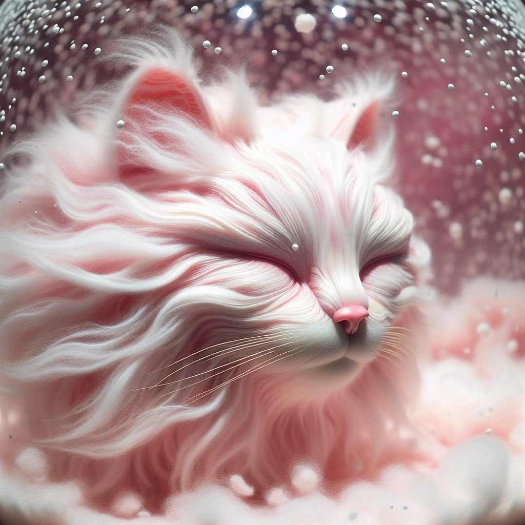 Pink Cat in Snow Globe with Cloud-like Fur
