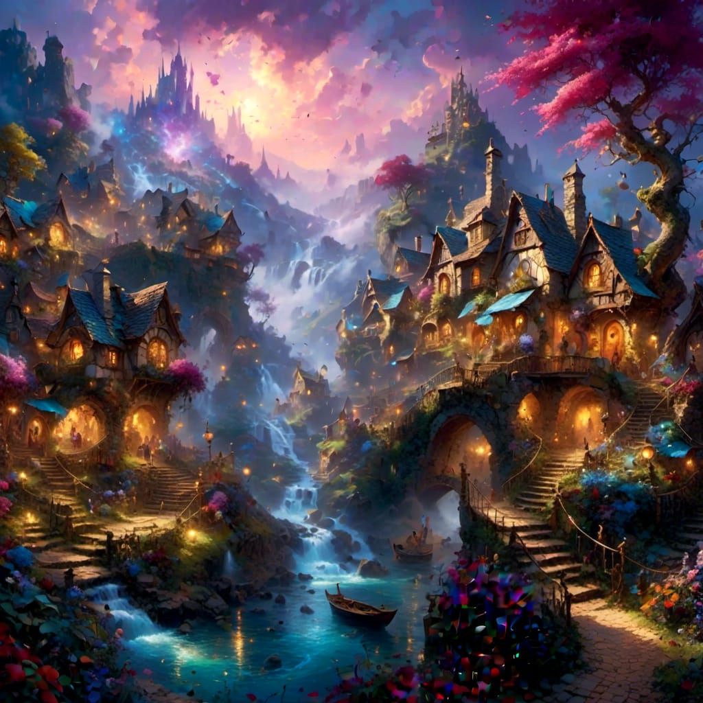 Ethereal Fairy Village in Purple Fantasy Style