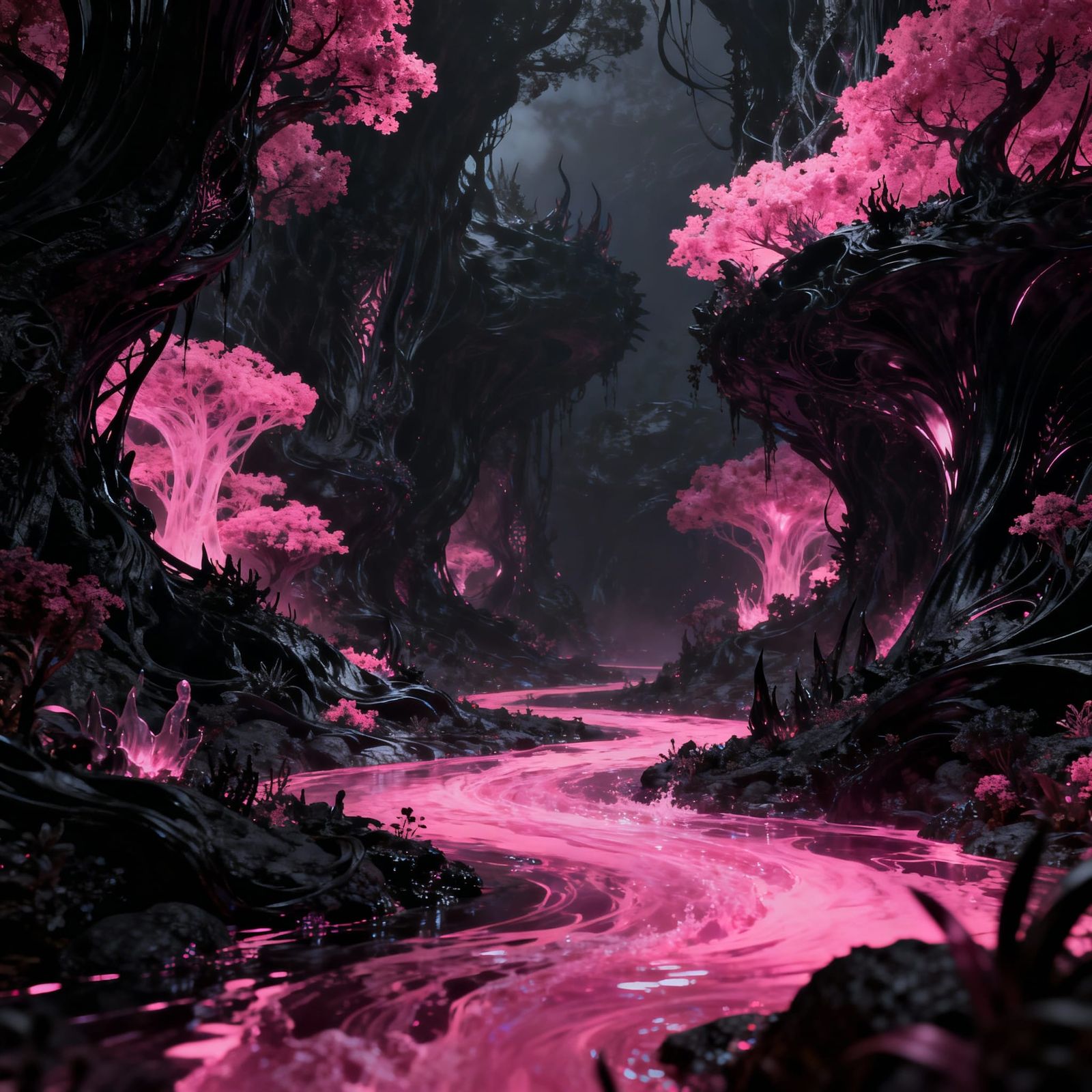 Ethereal Black and Pink Fantasy Environment Art