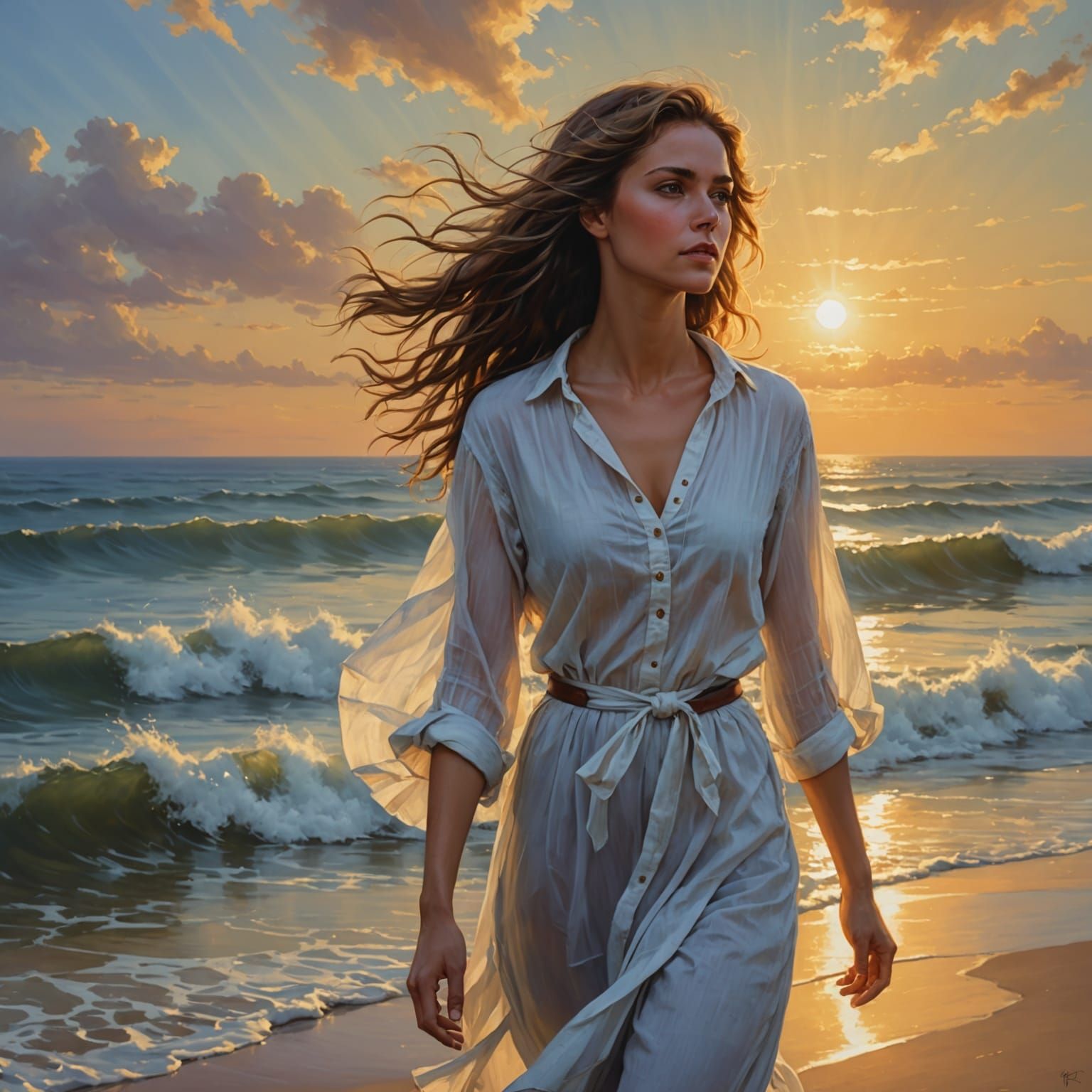 Sunset Serenity: Woman in Academic Impasto Style