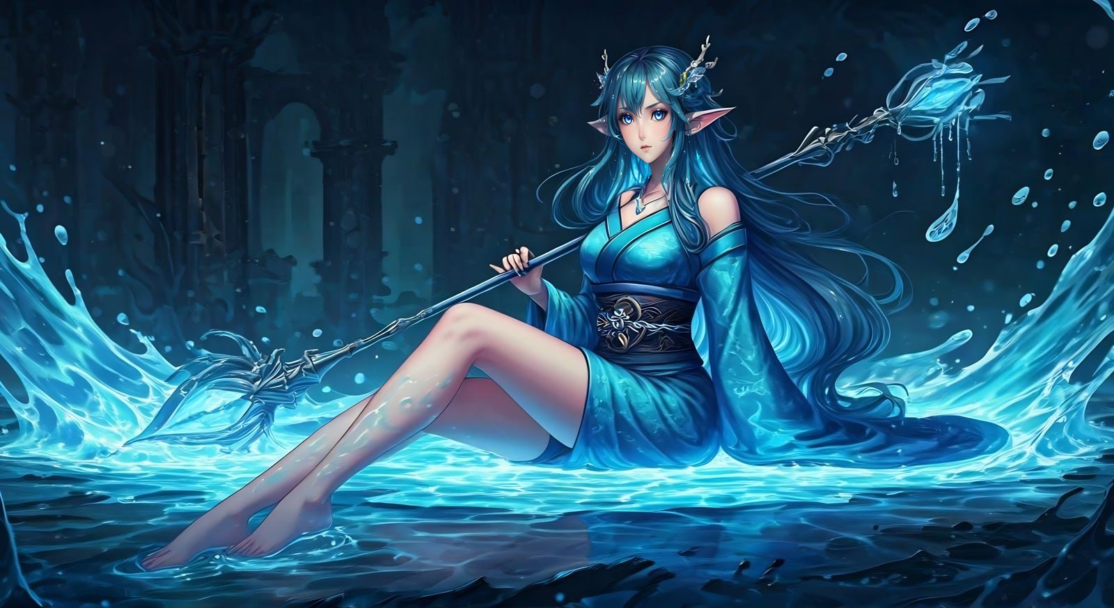 Anime Water Sylph with Iridescent Eyes and Staff