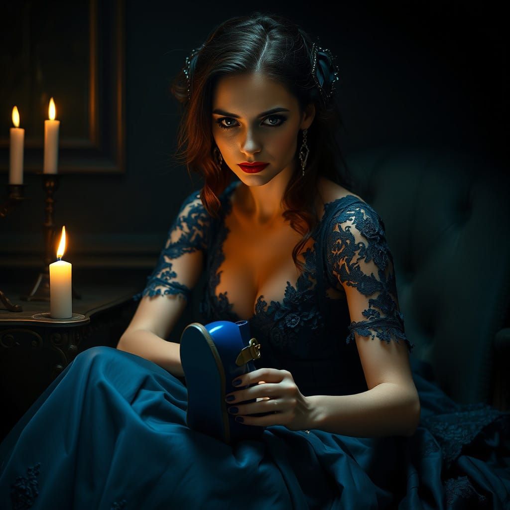 Elegant Woman Surrounded by Mysterious Candlelight and Gothi...