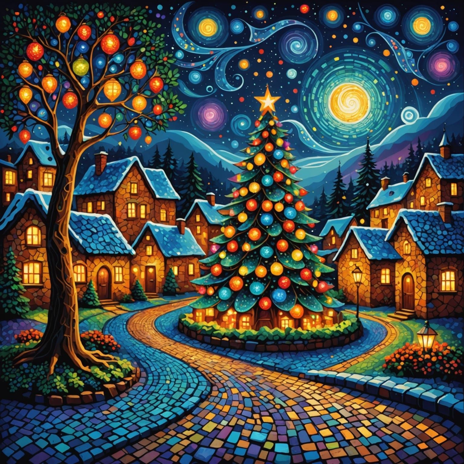 Pointillist Christmas in a Cobblestone Village