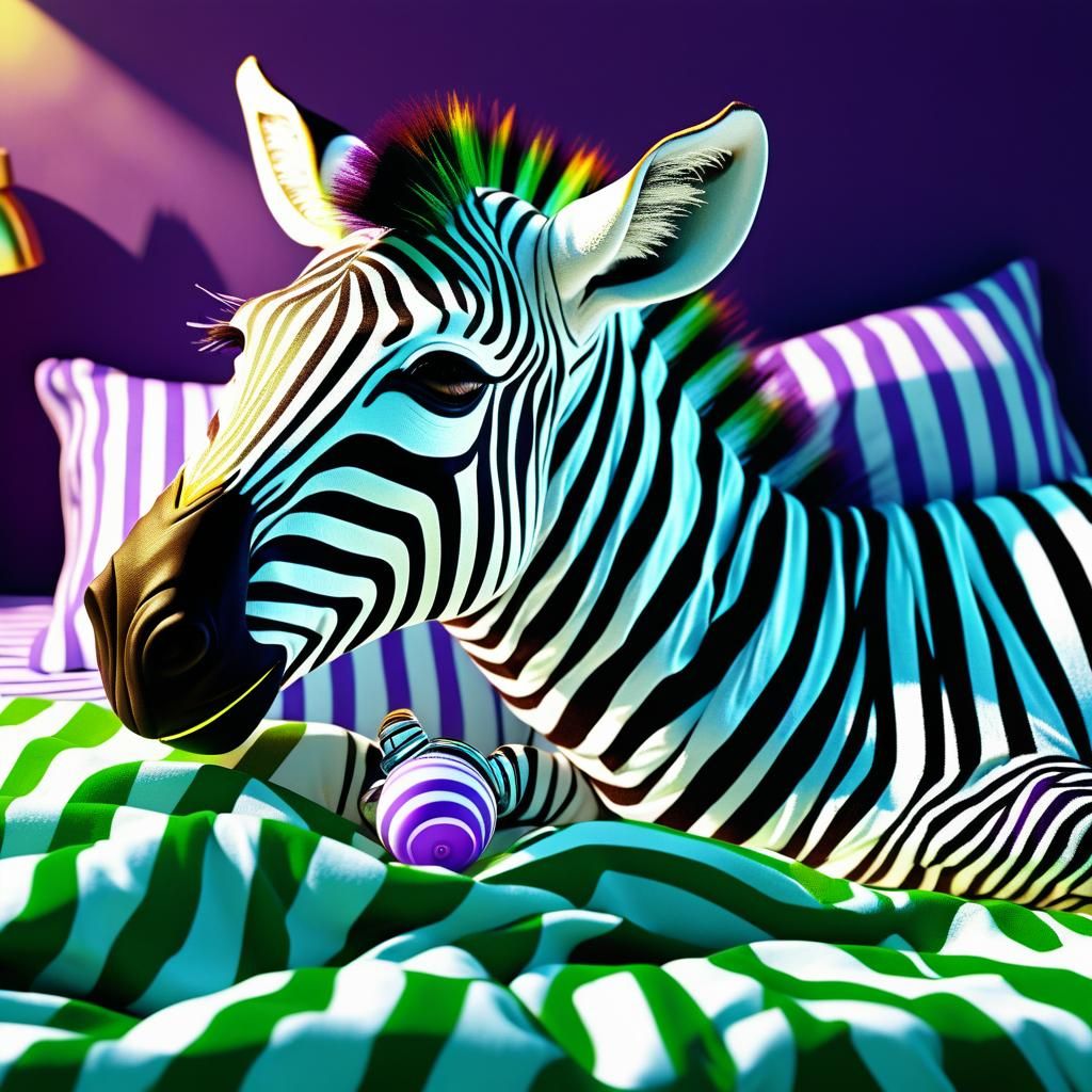 Striped Zebra in Bed: Hyperrealistic Fantasy Art