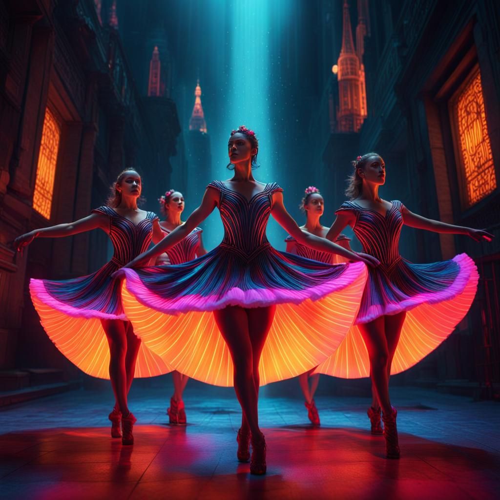 Neon Dancers in UV Light, Detailed Matte Painting