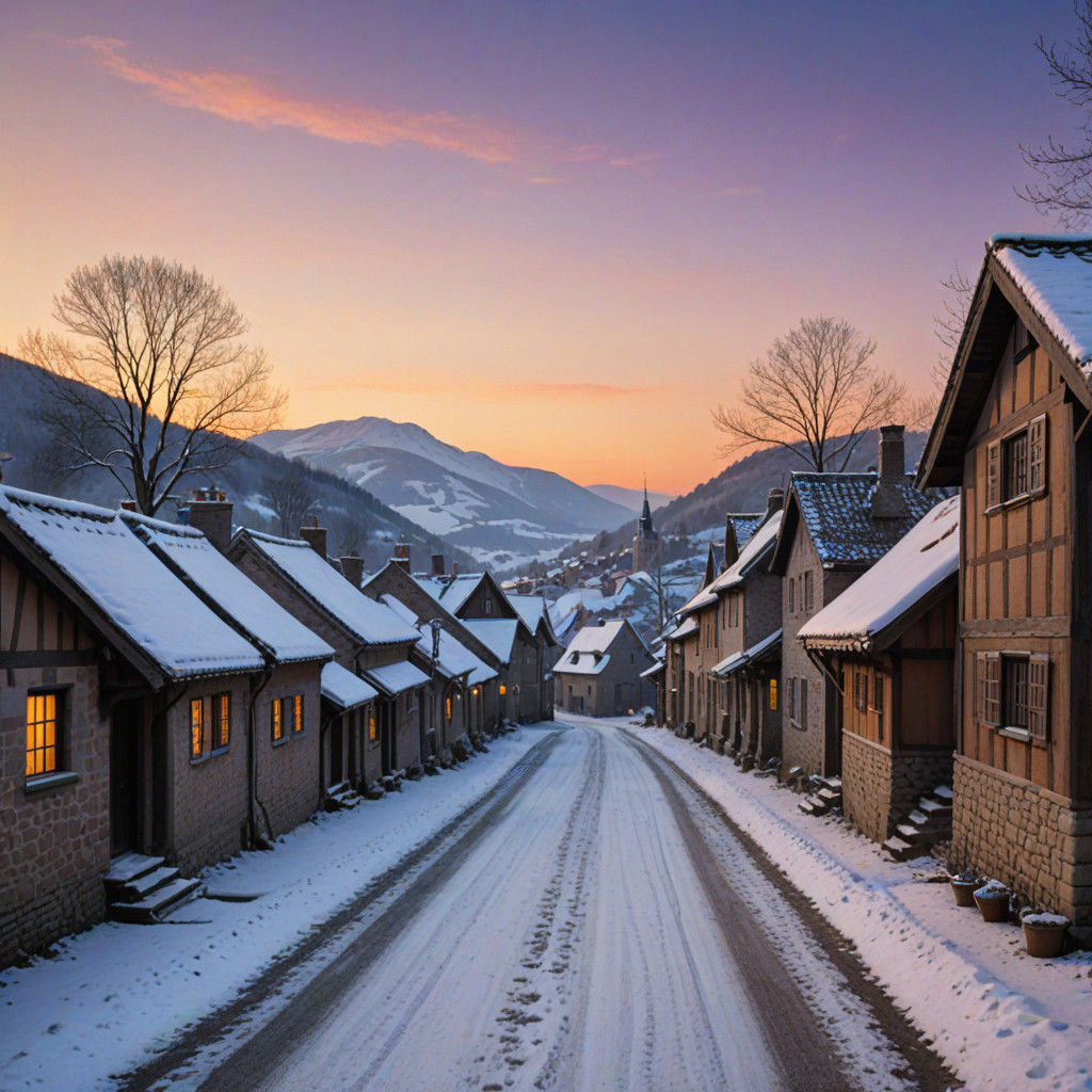 Medieval Village Scene in Lavender Sunset