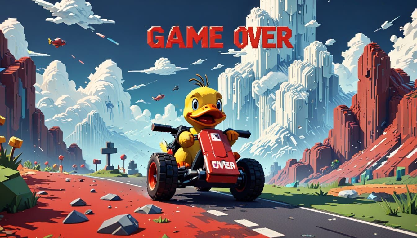 Cartoon Duck Scooter Chase in 8-bit Style