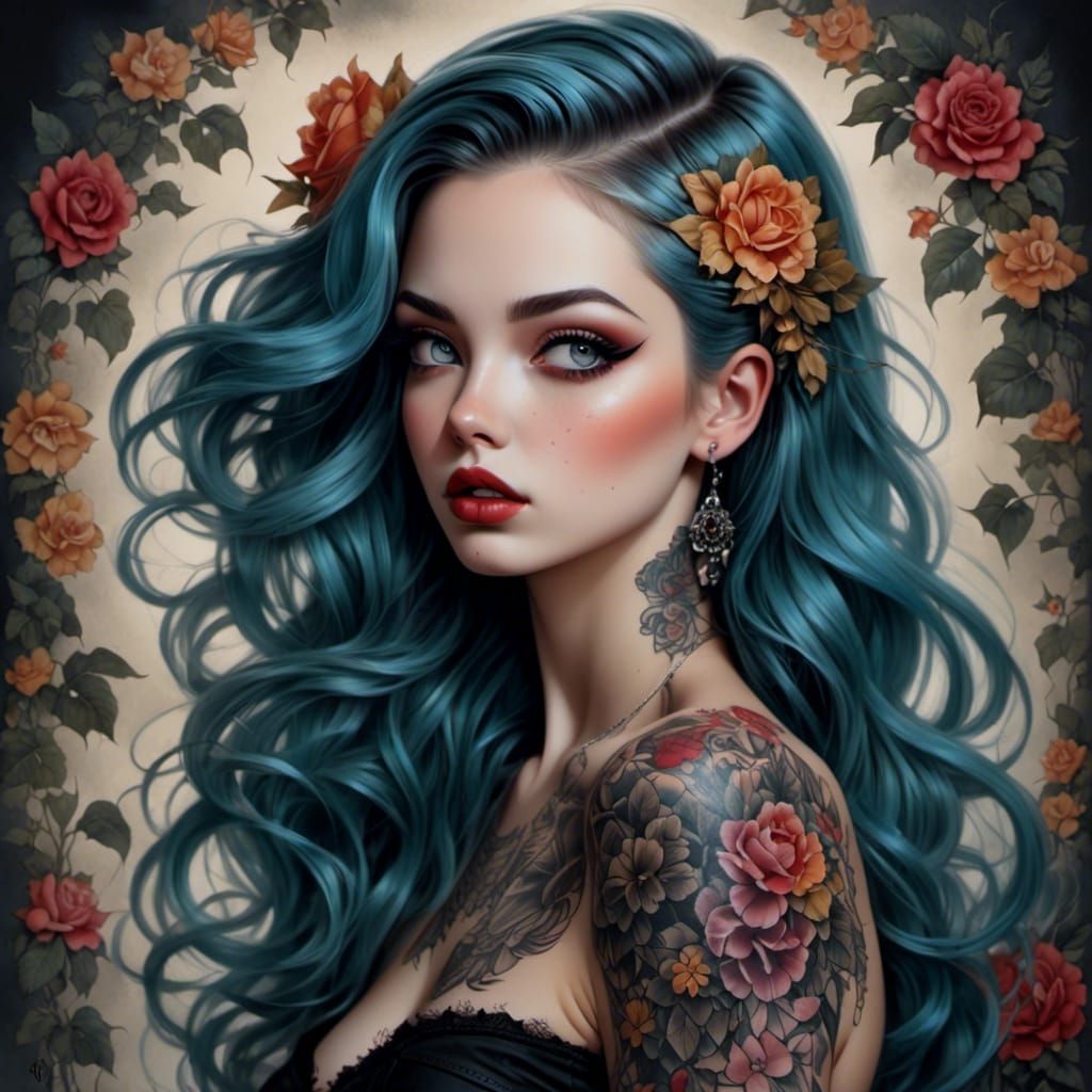 Tattooed Woman Portrait in Neo-Traditional Style