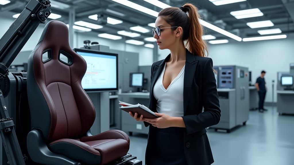 Confident Fitness Woman in High-Tech Automotive Lab