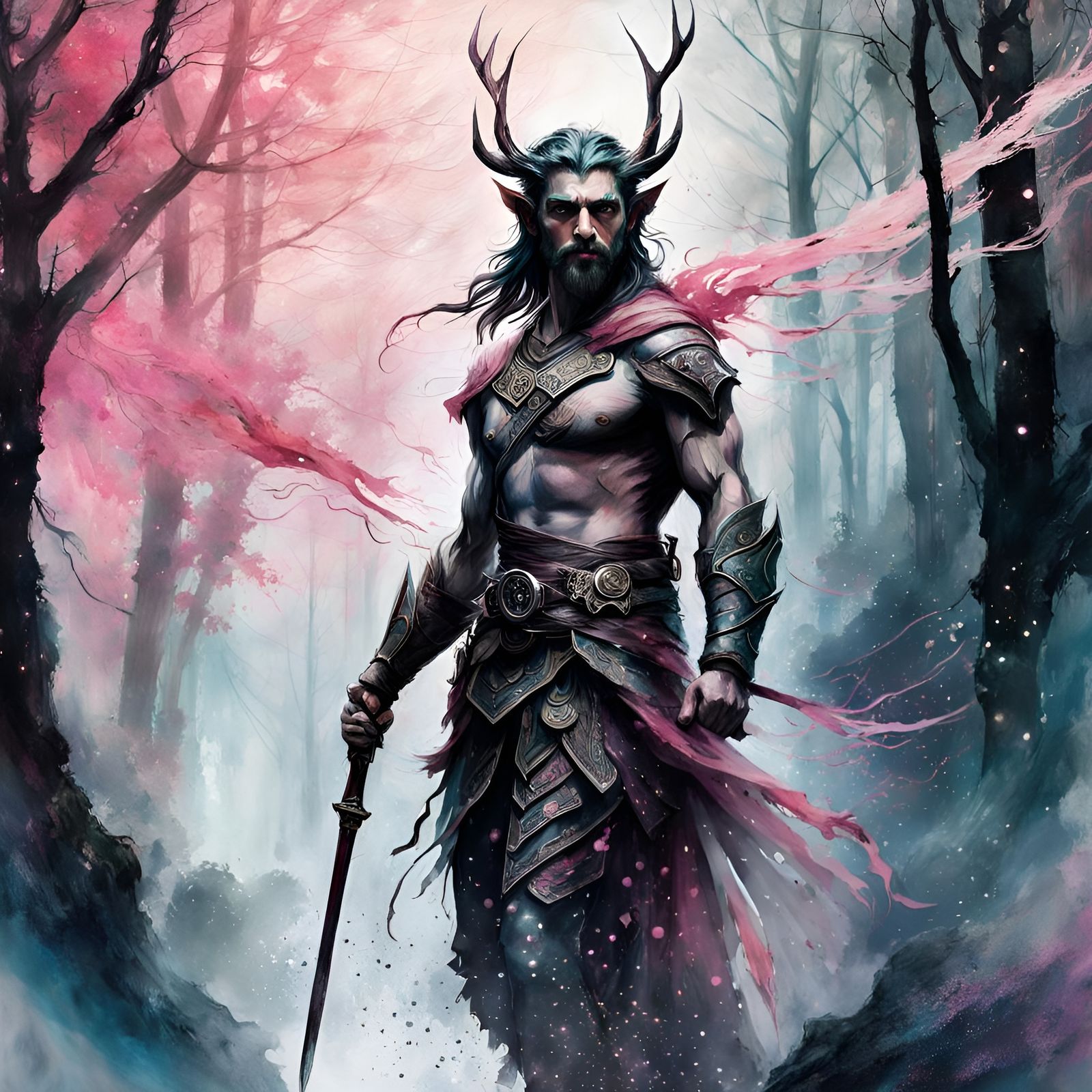 Elf Warrior Emerging from Misty Forest, Van Gogh Style