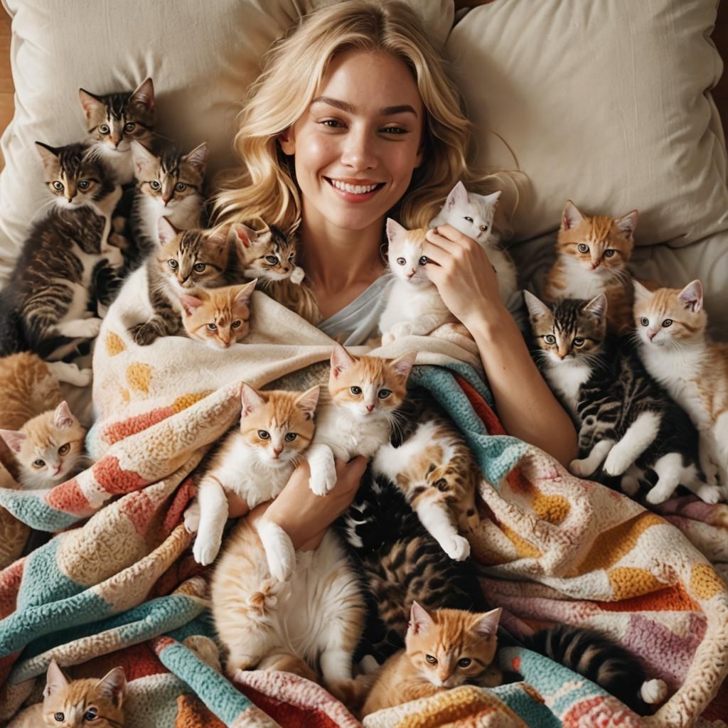 Woman Surrounded by Kittens in Hyperrealistic Style