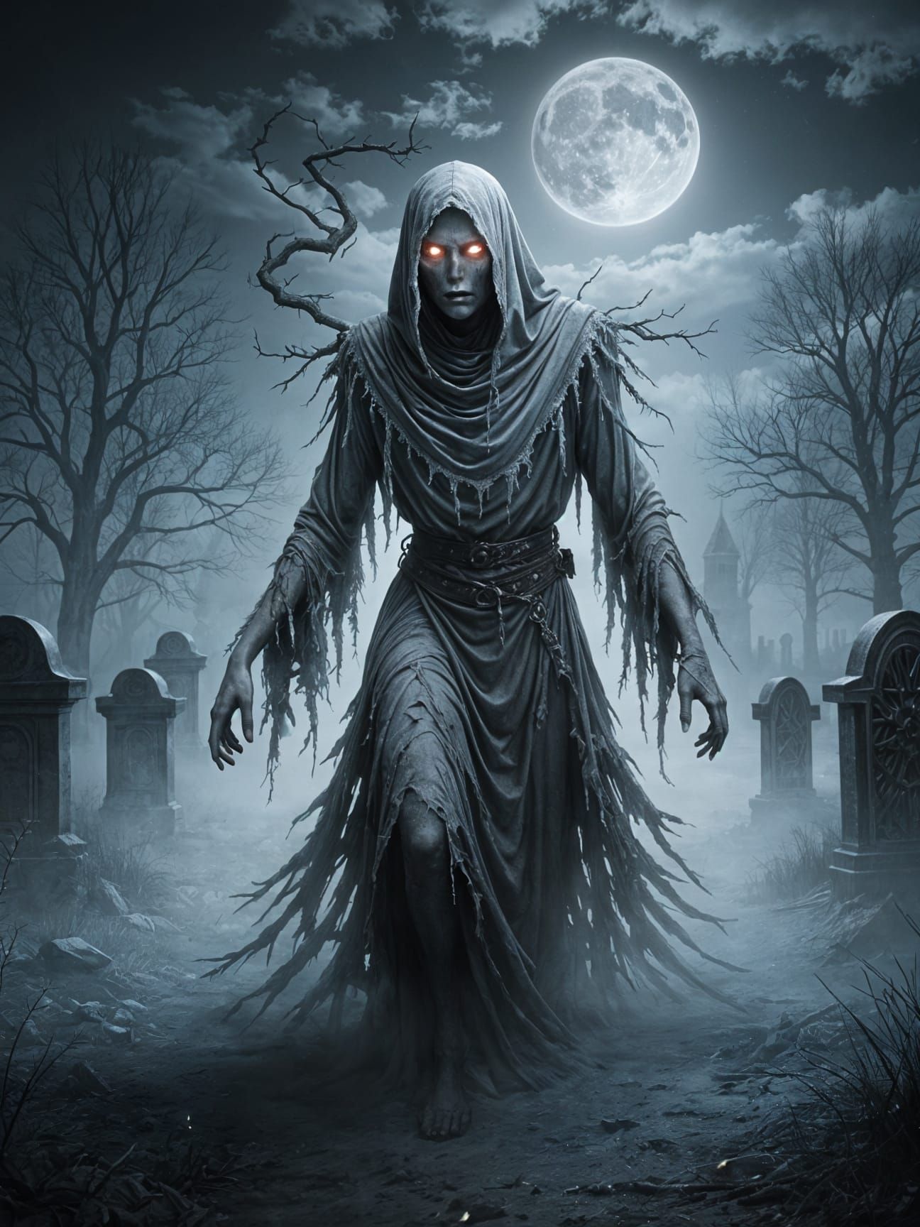 Ethereal Wraith Rises from Moonlit Graveyard in Gothic Fanta...
