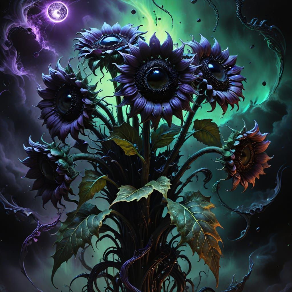 Surreal Skeletal Hand Clutching Eyeball Sunflowers