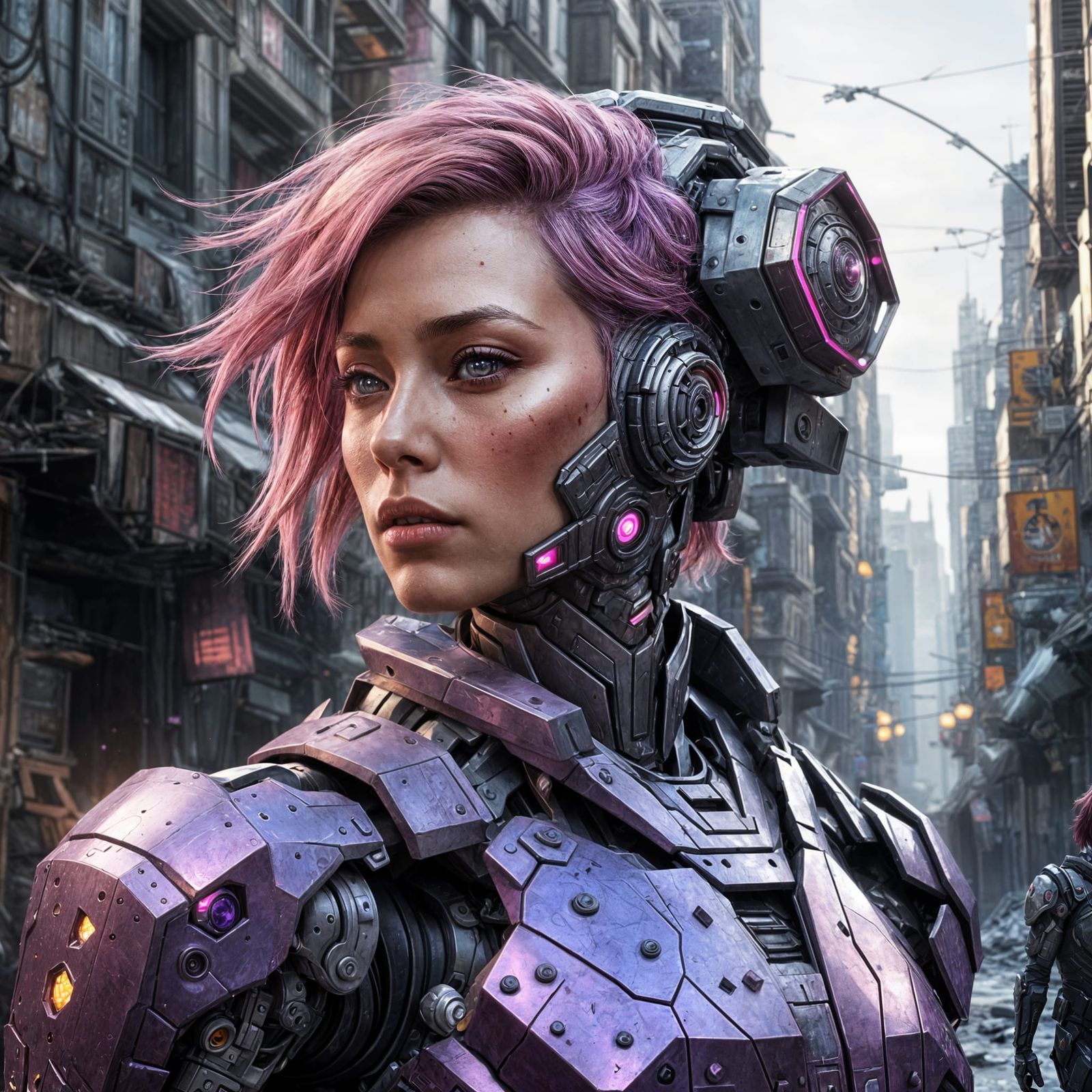 Purple Armored Robot Woman in Sci-Fi City