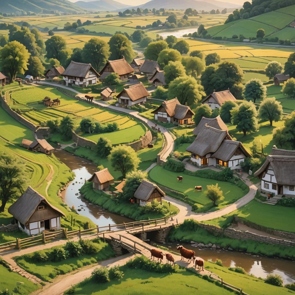 Picturesque Village Scene at Sunset: Detailed Matte Painting