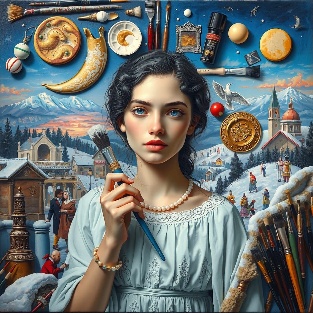 Surrealist Oil Painting of Woman with Brush