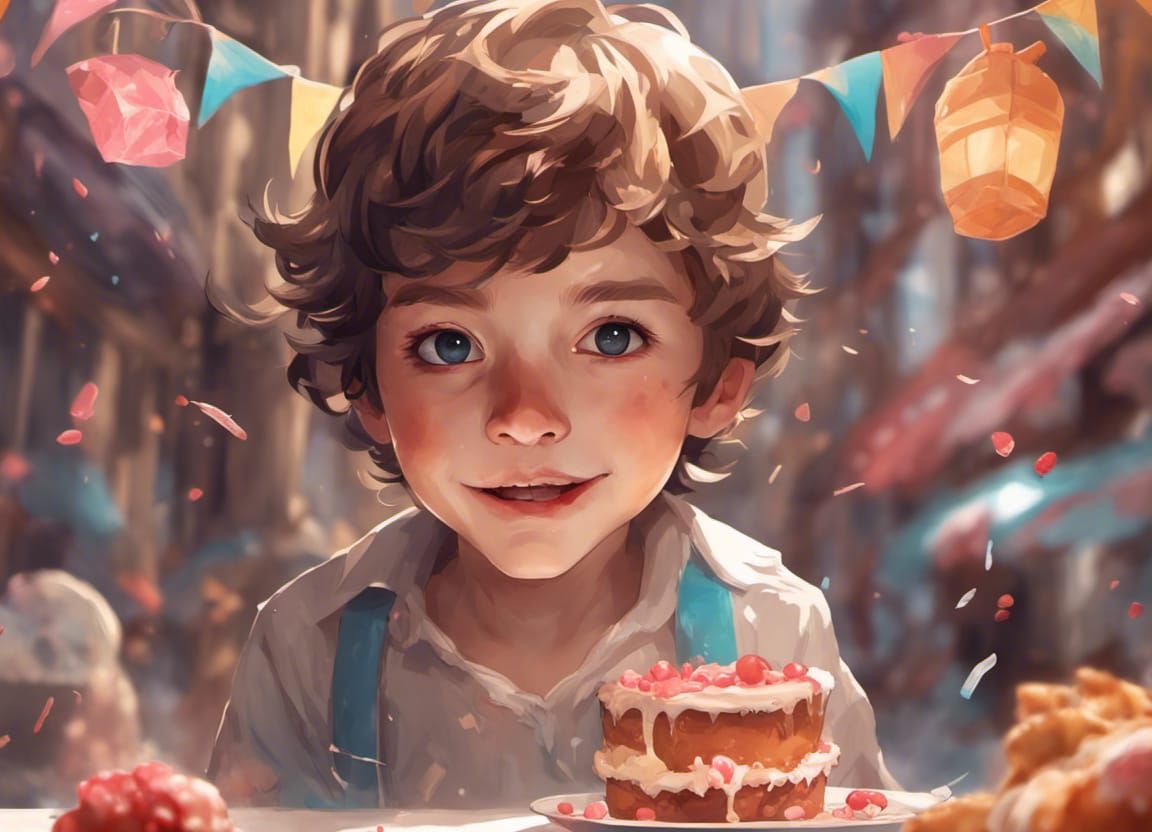 Boy Eating Cake: Hyperdetailed Portrait in Artstation Style