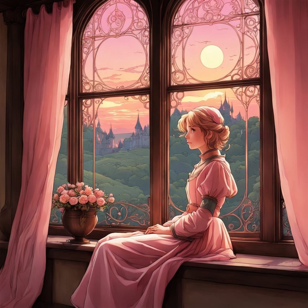 Medieval Boy Gazing at Dawn in Vibrant Colors