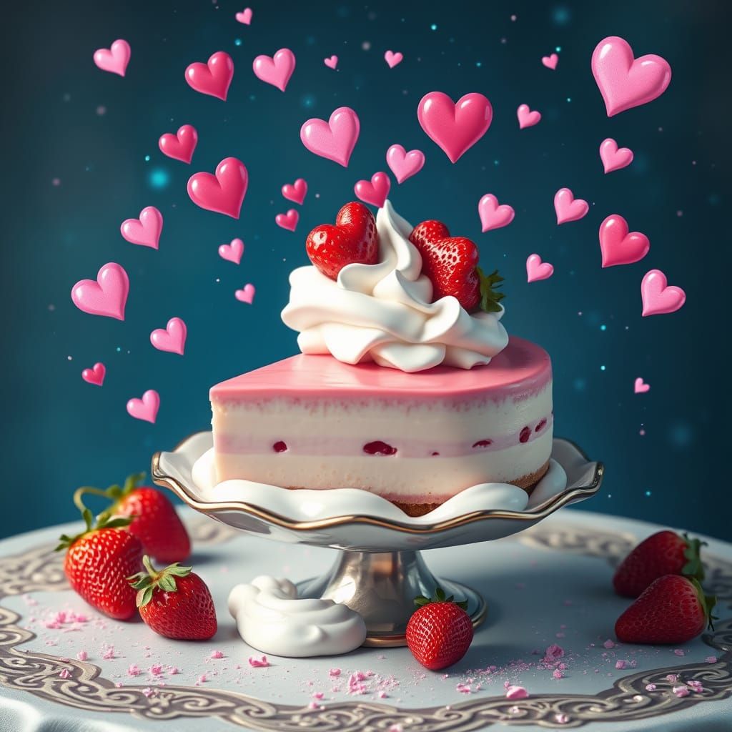 Whimsical Strawberry Cheesecake Scene in Dreamlike Art Style